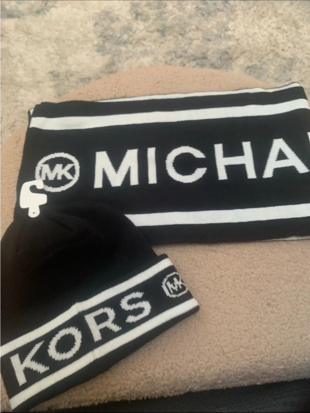 Michael Kors Kids Black and White Logo Knit Beanie & Scarf Set